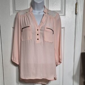 Elegant Peach Blouse with Lace Detail And Zipper Pockets Size S